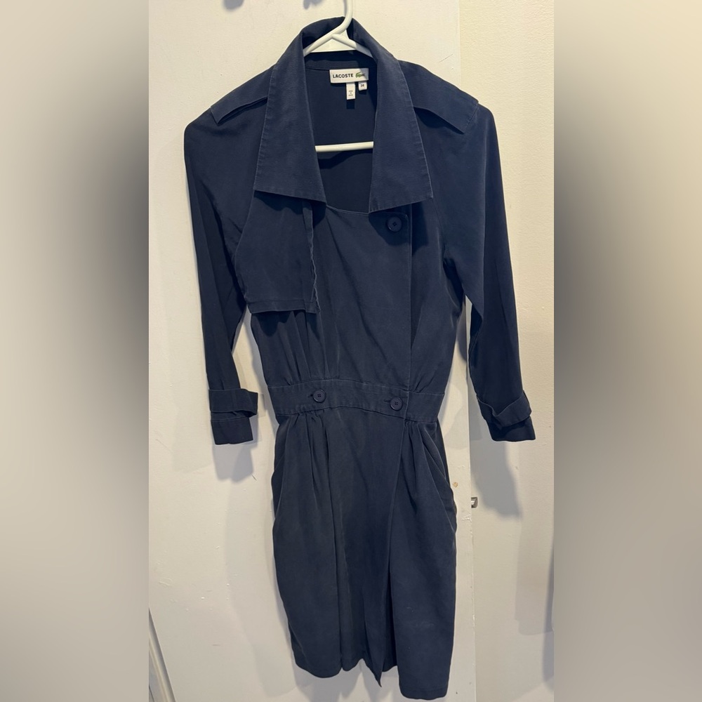 Lacoste 💯 silk trench wrap mini dress sleeves navy party office street XXS 34